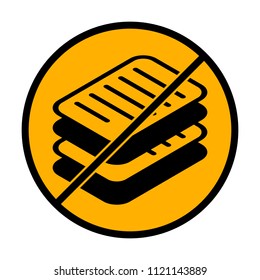 stack of papers, simple symbol or icon. not allowed, black object in warning sign with orange background color