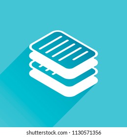 stack of papers, simple symbol or icon. Gray icon with long shadow in bottom left corner on blue background