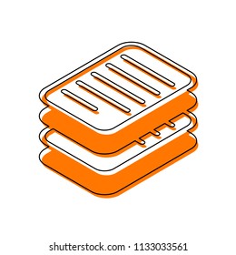 stack of papers, simple symbol or icon. Isolated icon consisting of black thin contour and orange moved filling on different layers. White background