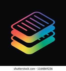 stack of papers, simple symbol or icon. Rainbow color and dark background