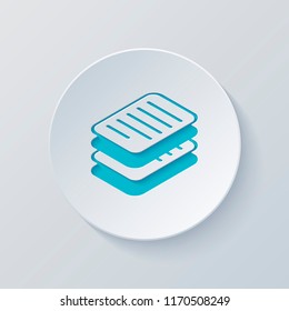 stack of papers, simple symbol or icon. Cut circle with gray and blue layers. Paper style