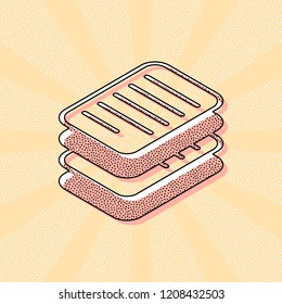 stack of papers, simple symbol or icon. Vintage retro typography with offset printing effect. Dots poster with comics pop art background