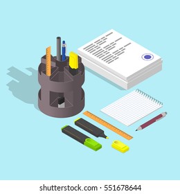 Stack of papers. The stamp on the document. Blank Notepad. Pen and pencil. Highlighter. Flat isometric. Working concept. Vector illustration.