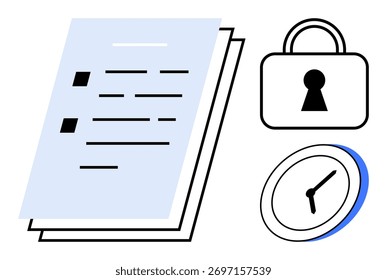 Pilha de papéis com texto, cadeado e um relógio enfatizando a importância da segurança do documento e do gerenciamento de tempo eficaz. Ideal para negócios, administração, planejamento de projetos, prazos, segurança