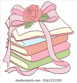 Stack of Pastel Notebooks with Ribbon and Rose