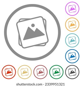 Stack of photos flat color icons in round outlines on white background