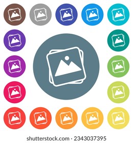 Stack of photos flat white icons on round color backgrounds. 17 background color variations are included.