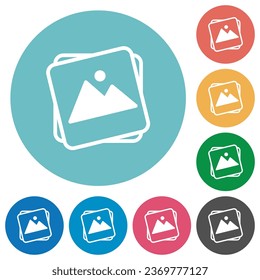 Stack of photos flat white icons on round color backgrounds