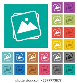 Stack of photos multi colored flat icons on plain square backgrounds. Included white and darker icon variations for hover or active effects.