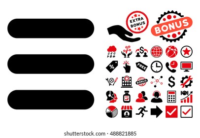 Stack pictograph with bonus images. Vector illustration style is flat iconic bicolor symbols, intensive red and black colors, white background.