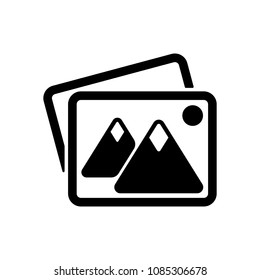 Stack of pictures with couple of mountains and sun. Simple icon