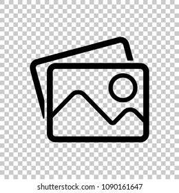 Stack of pictures with couple of mountains and sun. Simple linear icon. On transparent background.