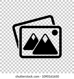 Stack of pictures with couple of mountains and sun. Simple icon. On transparent background.