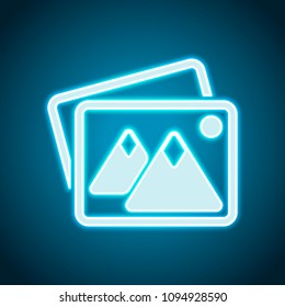 Stack of pictures with couple of mountains and sun. Simple icon. Neon style. Light decoration icon. Bright electric symbol