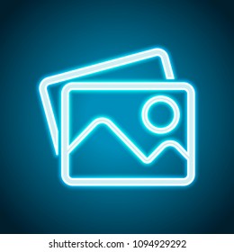 Stack of pictures with couple of mountains and sun. Simple linear icon. Neon style. Light decoration icon. Bright electric symbol