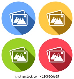 Stack of pictures with couple of mountains and sun. Simple icon. Set of white icons with long shadow on blue, orange, green and red colored circles. Sticker style