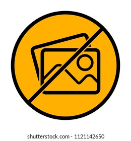 Stack of pictures with couple of mountains and sun. Simple linear icon. not allowed, black object in warning sign with orange background color