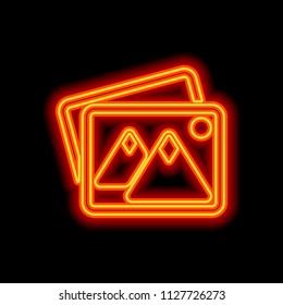 Stack of pictures with couple of mountains and sun. Simple icon. Orange neon style on black background. Light icon