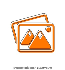 Stack of pictures with couple of mountains and sun. Simple icon. Isolated icon consisting of black thin contour and orange moved filling on different layers. White background