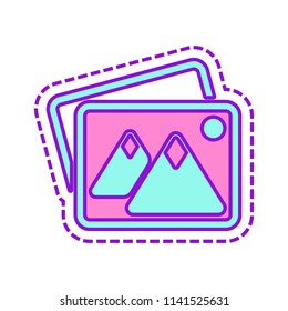 Stack of pictures with couple of mountains and sun. Simple icon. Colored sketch with dotted border on white background