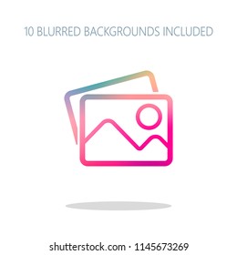Stack of pictures with couple of mountains and sun. Simple linear icon. Colorful logo concept with simple shadow on white. 10 different blurred backgrounds included