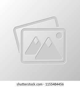 Stack of pictures with couple of mountains and sun. Simple icon. Paper design. Cutted symbol. Pitted style