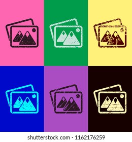 Stack of pictures with couple of mountains and sun. Simple icon. Pop art style. Scratched icons on 6 colour backgrounds. 