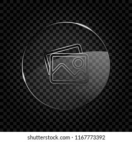 Stack of pictures with couple of mountains and sun. Simple linear icon. Icon in circle glass bubble on dark transparent grid. Glass style