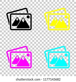 Stack of pictures with couple of mountains and sun. Simple icon. Colored set of cmyk icons on transparent background