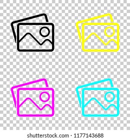 Stack of pictures with couple of mountains and sun. Simple linear icon. Colored set of cmyk icons on transparent background