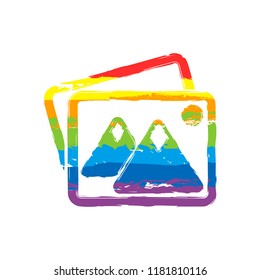 Stack of pictures with couple of mountains and sun. Simple icon. Drawing sign with LGBT style, seven colors of rainbow (red, orange, yellow, green, blue, indigo, violet
