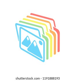 Stack of pictures with couple of mountains and sun. Simple icon. Stack of colorful isometric icons on white background