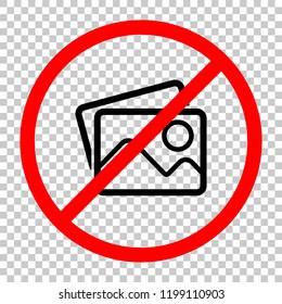 Stack of pictures with couple of mountains and sun. Simple linear icon. Not allowed, black object in red warning sign with transparent background