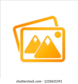 Stack of pictures with couple of mountains and sun. Simple icon. Orange sign with low light on white background