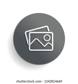 Stack of pictures with couple of mountains and sun. Simple linear icon. White paper symbol on gray round button or badge with shadow