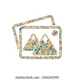 Stack of pictures with couple of mountains and sun. Simple icon. Colored mosaic with polygons