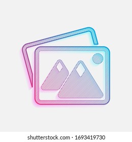 Stack of pictures with couple of mountains and sun. Simple icon. Colored logo with diagonal lines and blue-red gradient. Neon graphic, light effect