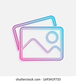 Stack of pictures with couple of mountains and sun. Simple linear icon. Colored logo with diagonal lines and blue-red gradient. Neon graphic, light effect