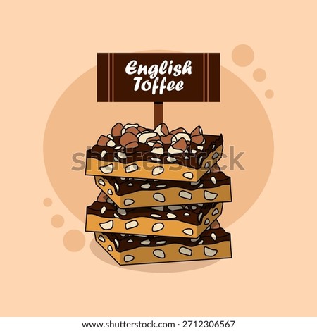 A stack of pieces of English toffee or buttercrunch candy made by caramelizing sugar or molasses with butter and topped with chopped nuts. National English Toffee Day, January 8th