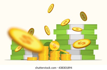 Stack pile of cash money banknotes and some blur gold coins. Coin Falls. Flat style cash money illustration.