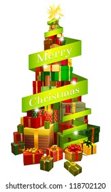 A stack or pile of Christmas presents or gifts in the shape of a Christmas tree with a star shaped ornament or decoration on the top and a banner or scroll reading Merry Christmas round it.