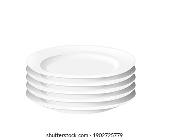 Stack pile of clean white ceramic plates vector illustration on white background realism style