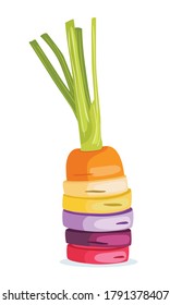 Stack pile of colorful carrot slices isolated on the white background.