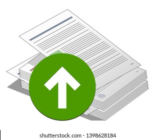 Stack or pile of Documents with arrow up icon sign of upload document isolated. Documents upload. Agreements, Financial report and documentation. Vector illustration