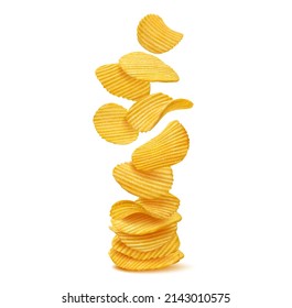 Stack, pile and heap of ripple crispy potato chips, vector junk food, fried snack dish or salty crisps portion. Realistic 3d thin slices of crunchy potato with salt and spices, falling ripple chips