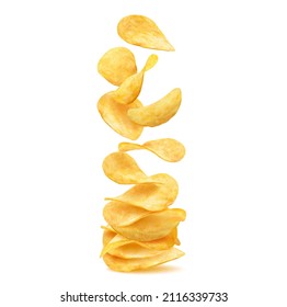 Stack, pile and heap of wavy crispy potato chips, salty snack food or crisps. Realistic vector spicy slices of fried potato vegetable falling in stack, 3d golden chips, appetizer or crisps portion