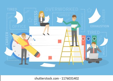 Stack or pile of paper with busy small people around. Many office work concept. Chaos on the workplace. Flat vector illustration