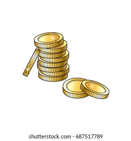 Stack, pile of shiny blank, unlabeled gold coins, sketch vector illustration isolated on white background. Realistic hand drawing of stack of unlabeled golden coins, money symbol