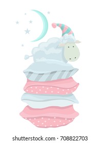 Stack of pillows with lovely lamb in nightcap on the top. Cute baby illustration. Vector