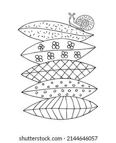 A stack of pillows and a snail on a white background. Black and white hand drawing in the style of a doodle. Coloring book for kids